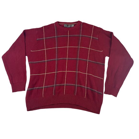 Oscar de la Renta Men’s 2XL Windowpane Crew Neck Cotton Sweater Burgundy Red - Picture 1 of 4